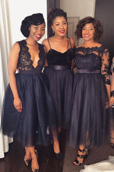 Stylish Short Black Mismatched Lace Bridesmaid Dresses Brautjungfernkleider,GDC1029